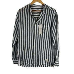 Bershka Linen‎ Shirt Mens Small Striped Oversized No Collar Coastal Quiet Luxury